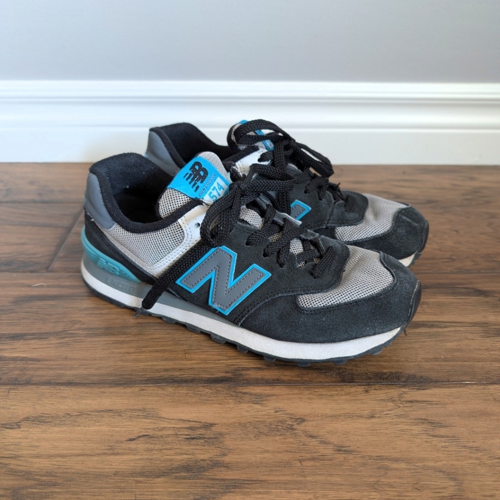 New Balance 574 sneakers shoes black turquoise size 7